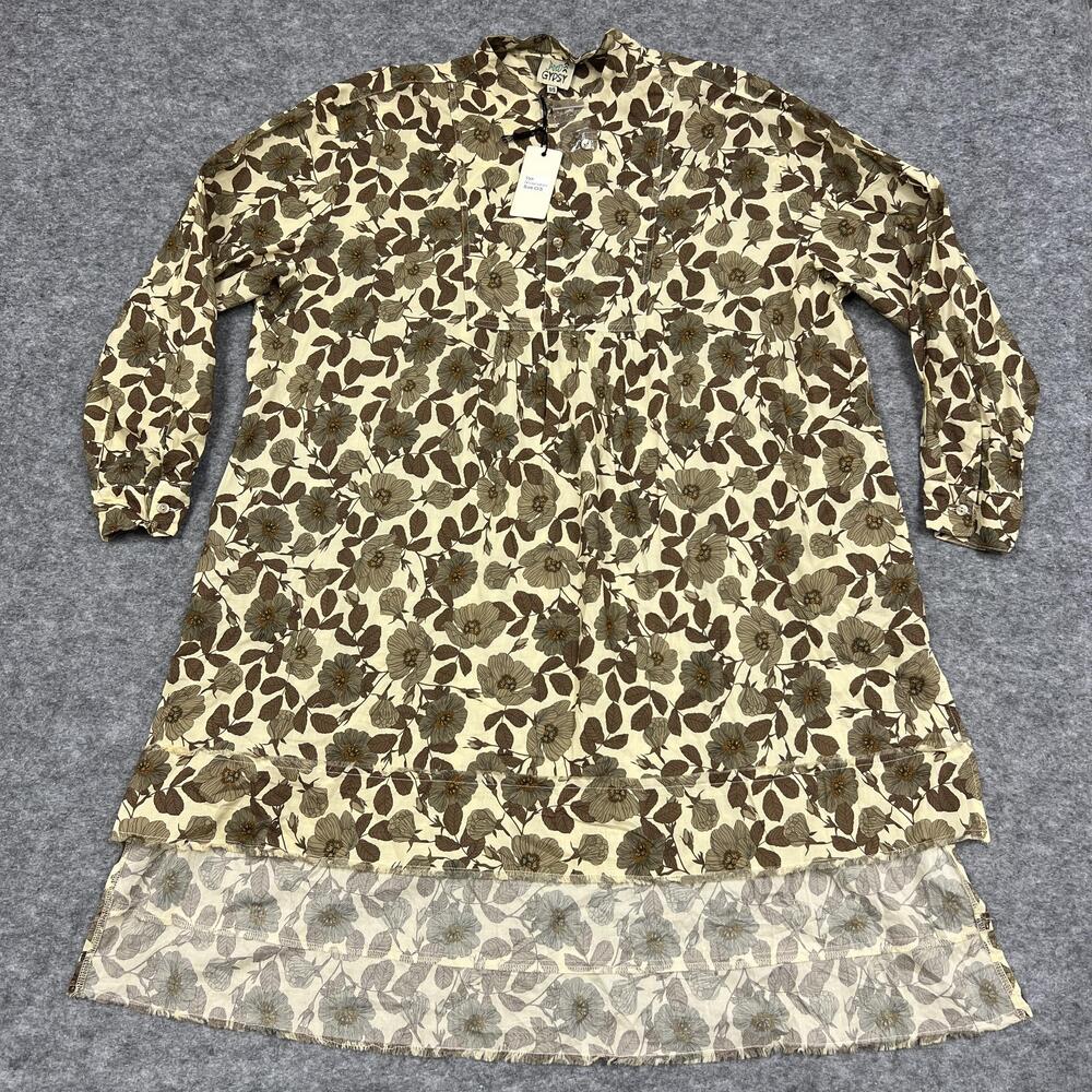 Jaded Gypsy Tunic Womens O/S Beige Floral Button-Up Lightweight Cotton Relaxed